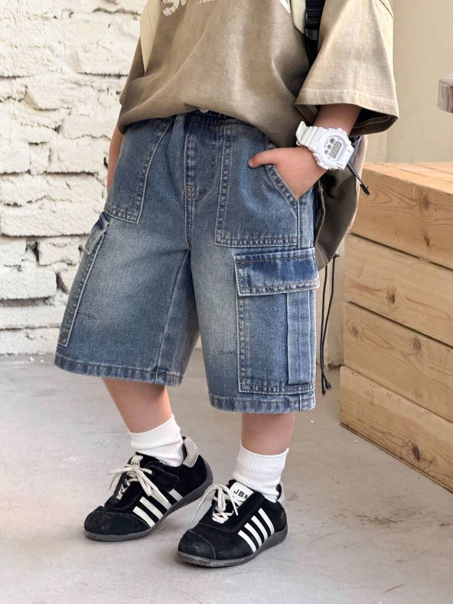 SHEIN Young BoyLoose Fit Blue Denim Cargo Shorts - Medium Wash - View 1