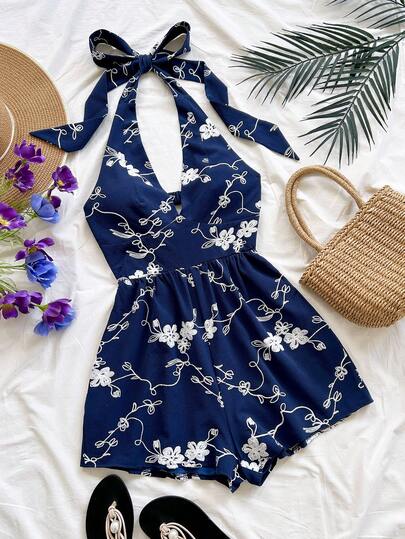 Soleia Women's Vacation Blue Wicker Texture V-Neck Halter Tie Bow Back Open Romper, Suitable For Beach, Music Festival, Hippie, Party, Date, Afternoon Tea