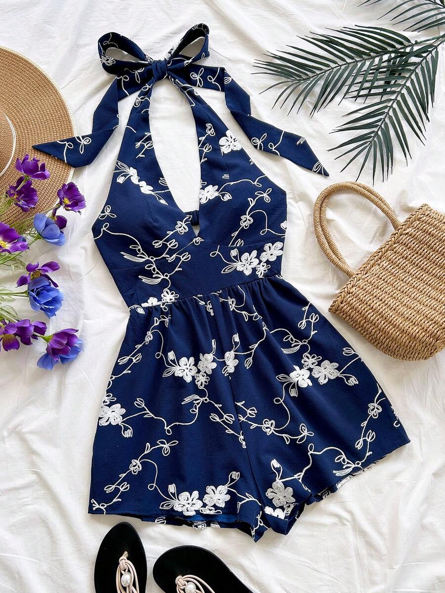 Soleia 女士度假风蓝色藤编纹理V领露背系带蝴蝶结连体衣，适合海滩、音乐节、嬉皮士派对、聚会、约会、下午茶等场合。 - 彩色 - 查看 1