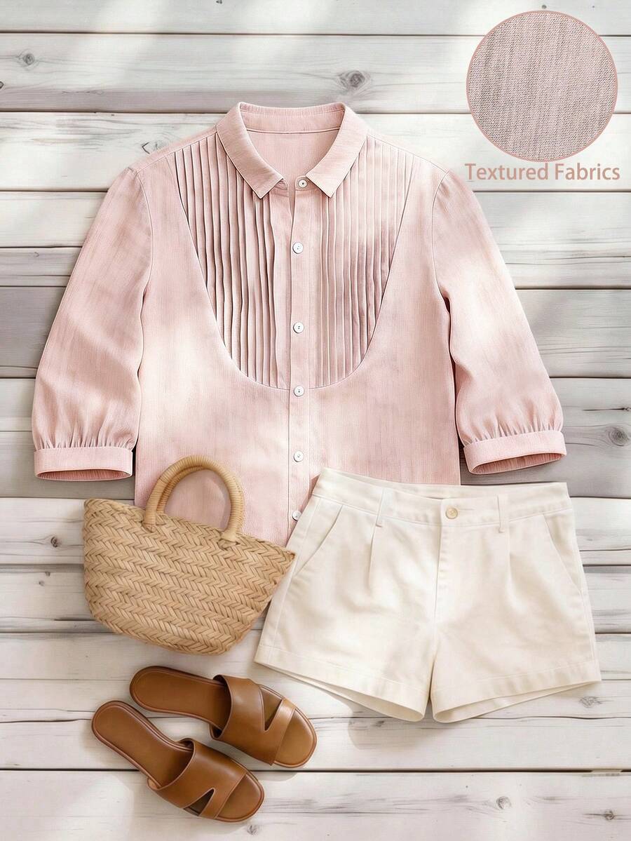 Louniche Camisa de manga corta de unicolor casual y versátil, adecuada para el hogar y el exterior, color rosa, primavera/verano - Rosa - Ver 1