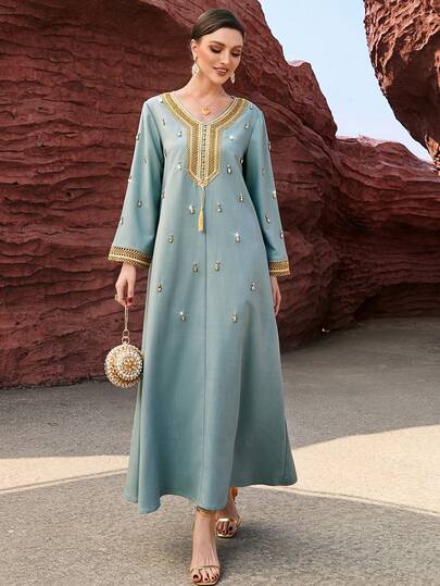 Al Najma Ladies' Heavy Work Embroidery & Rhinestone Decor Long Sleeve Arabian Modest Dress, Elegant Evening Party Dress Kaftan Jalabiya Dress