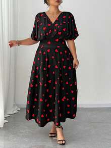 Elenzga 大码女士优雅约会通勤连衣裙，印花面料，喇叭裙摆，褶皱设计，落肩剪裁，显瘦，适合音乐节、派对、约会等场合，百搭实用 - 黑色 - 查看 4