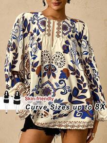 SHEIN CURVE+ Curve 加大码 US22 音乐节、海滨度假、波西米亚风 CURVE PLUS / 女士热带复古图案长袖圆领系带衬衫 8XL 女装 波西米亚风上衣 女装衬衫 - 彩色 - 查看 6