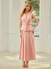 MOTF PREMIUM WOMEN'S SLEEVELESS BELTED MATCHING TOP + PLEATED MIDI SKIRT, COMMUTER OUTFIT - Watermelon Pink - View 1