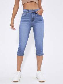 Rivivi Quần jeans ống đứng lửng màu trơn, túi xéo, xẻ tà, dáng ôm vừa vặn. - Màu xanh lam - Xem 3