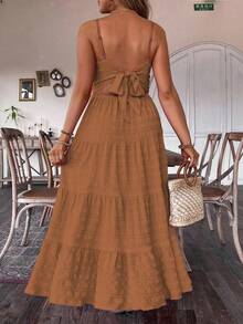 EMERY ROSE Plus Size Women Summer Brown Dress Boho Vacation Holiday Solid Color Multi-Layer Ruffled Hem Long Cami Maxi Outfit Sundress Tiered Dress Two Piece Set - Brown - View 2