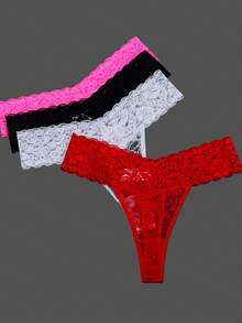 ROMWE Kawaii 3 条装性感女式蕾丝丁字裤，90% 聚酰胺 10% 氨纶，薄款 T 背比基尼丁字裤，针织面料，纯色，低腰，165gsm 轻盈内衣 - 彩色 - 查看 2