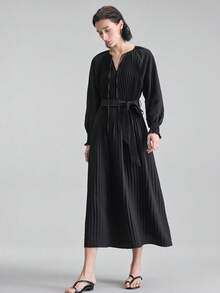 Ontre 2026新款早春灰色长袖褶皱连衣裙，系带领，适合现代都市派对、返校季、休闲简约风、波西米亚风、度假、节日等场合。 - 黑色 - 查看 4