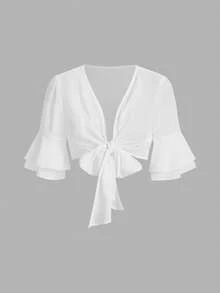 SHEIN Clasi Plus Size Solid Color Deep V-Neck Tie Front Casual Cropped Shirt - White - View 3