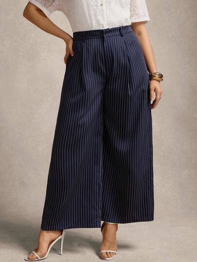 Zelara 大码休闲通勤条纹阔腿裤