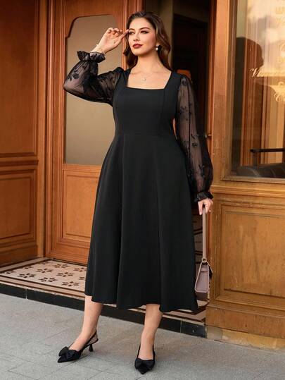 Auvina Plus Size Elegant Embroidered Mesh Sleeve Dress, Suitable For Spring And Autumn