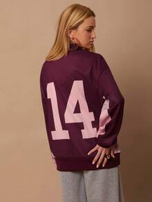 SURIMA Sudadera casual de mujer con cuello polo y estampado en inglés, para primavera/otoño - Multicolor - Ver 2