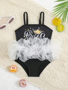 SHEIN Baby Girl Letter & Heart Print Mesh Patchwork Casual Beach Spaghetti Strap Romper Swimsuit - Black and White - View 3