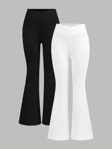 Girlism 2件套少女基础款中筒喇叭裤，黑白腰带交叉设计修身休闲喇叭裤套装 - 白色 - 查看 11