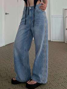 DAZY Women's Rhinestone Bow Pocket Wide Leg Loose Casual Jeans Y2k - Blue - View 5