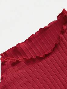 SHEIN EZwear Plus Size Red Ribbed Knit Stand Collar Long Sleeve T-Shirt - Red - View 4