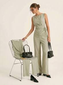 Ritzy Row 两件套杏色纹理面料裹身系带上衣和裤子套装 - 杏色 - 查看 1