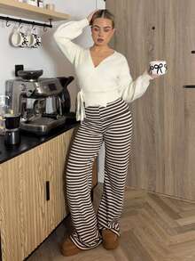 Bethéva 女士卷腰运动休闲裤条纹喇叭裤 - 咖啡棕 - 查看 5