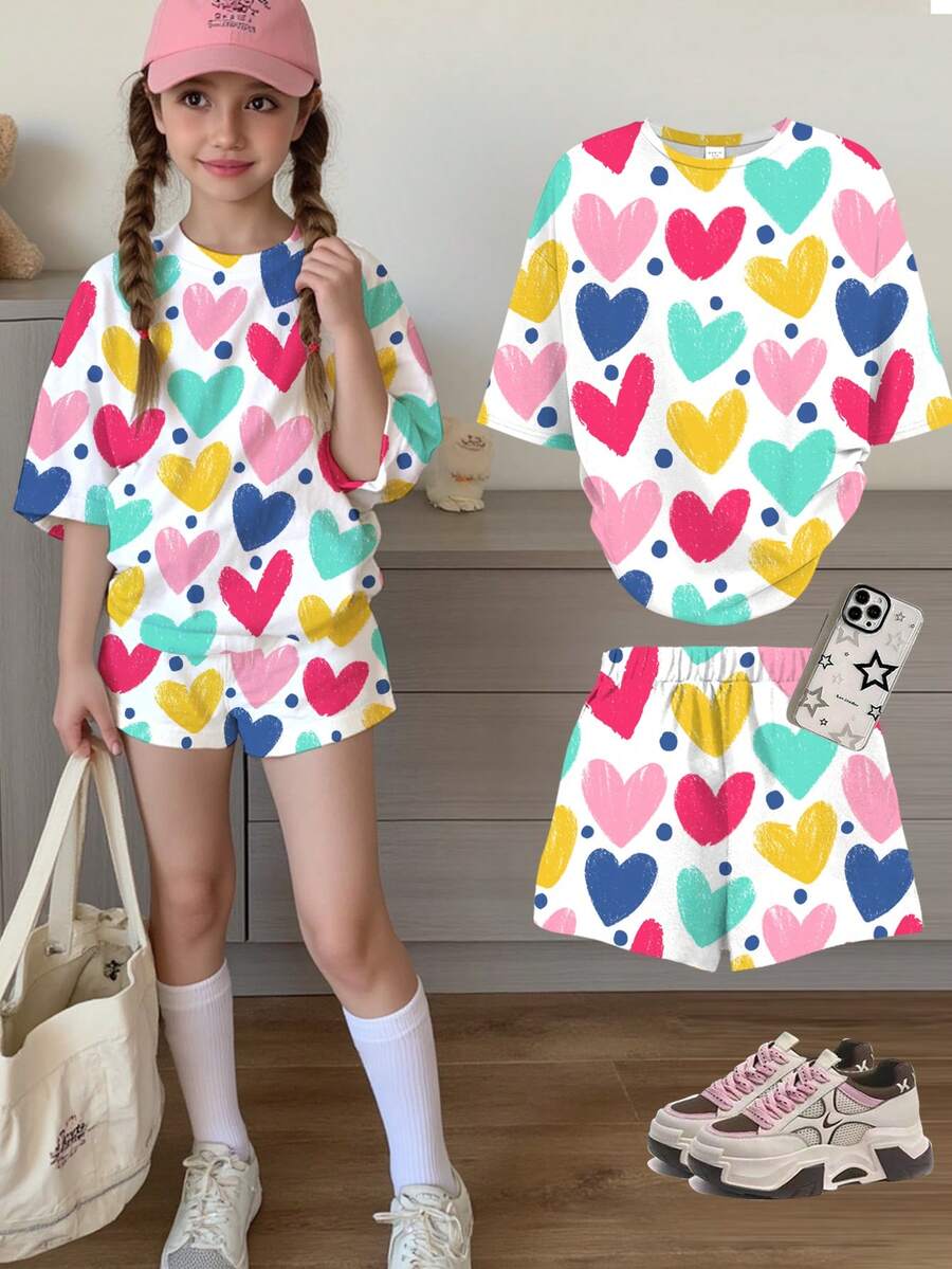 2pcs/Set Tween Girls' Casual Cute Heart Print Short Sleeve T-Shirt And Shorts Set, Suitable For Summer Girls Lounge Set Cute Matching Sets Kpop 2 Piece Short Set Teen Girls Teen Girl Two Piece Set Sumwon Two Piece Cute Set Kids - Multicolor - View 1