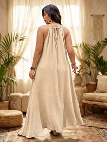 SHEIN LUNE Plus Size Women's Khaki Summer Boho Beach Holiday Beaded Halter Maxi Dress,Elegant Waist-Cinched A-Line Flowy Dress For Vacation,Parties&Weddings - Apricot - View 2