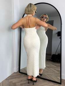 Bethéva 春夏新款浪漫 V 领纹理紧腰修身长裙，优雅约会之夜造型 - 杏色 - 查看 2