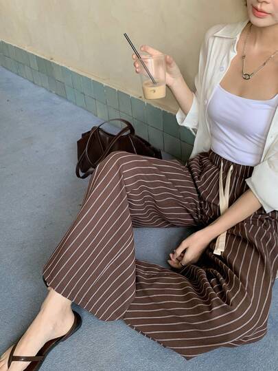 DAZY Women's New Loose Drawstring Striped Wide Leg Casual Pants