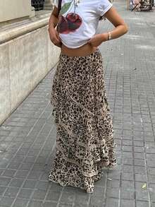 Serisse 女士豹纹弹力腰撞色蕾丝半身裙，时尚度假之选 - 彩色 - 查看 2