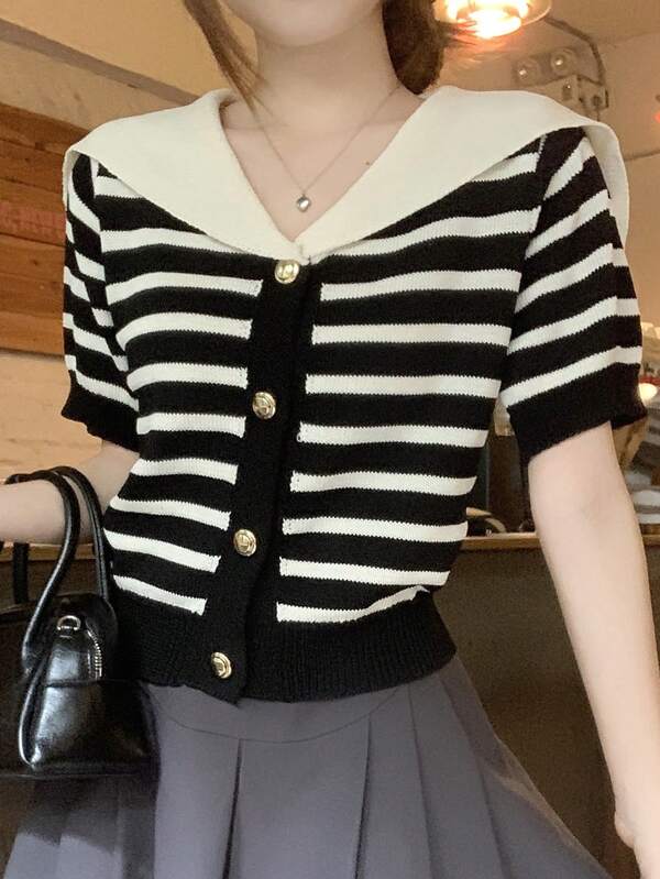 DAZY Women's Elegant Contrast Stripe Collared Knit Top, Summer