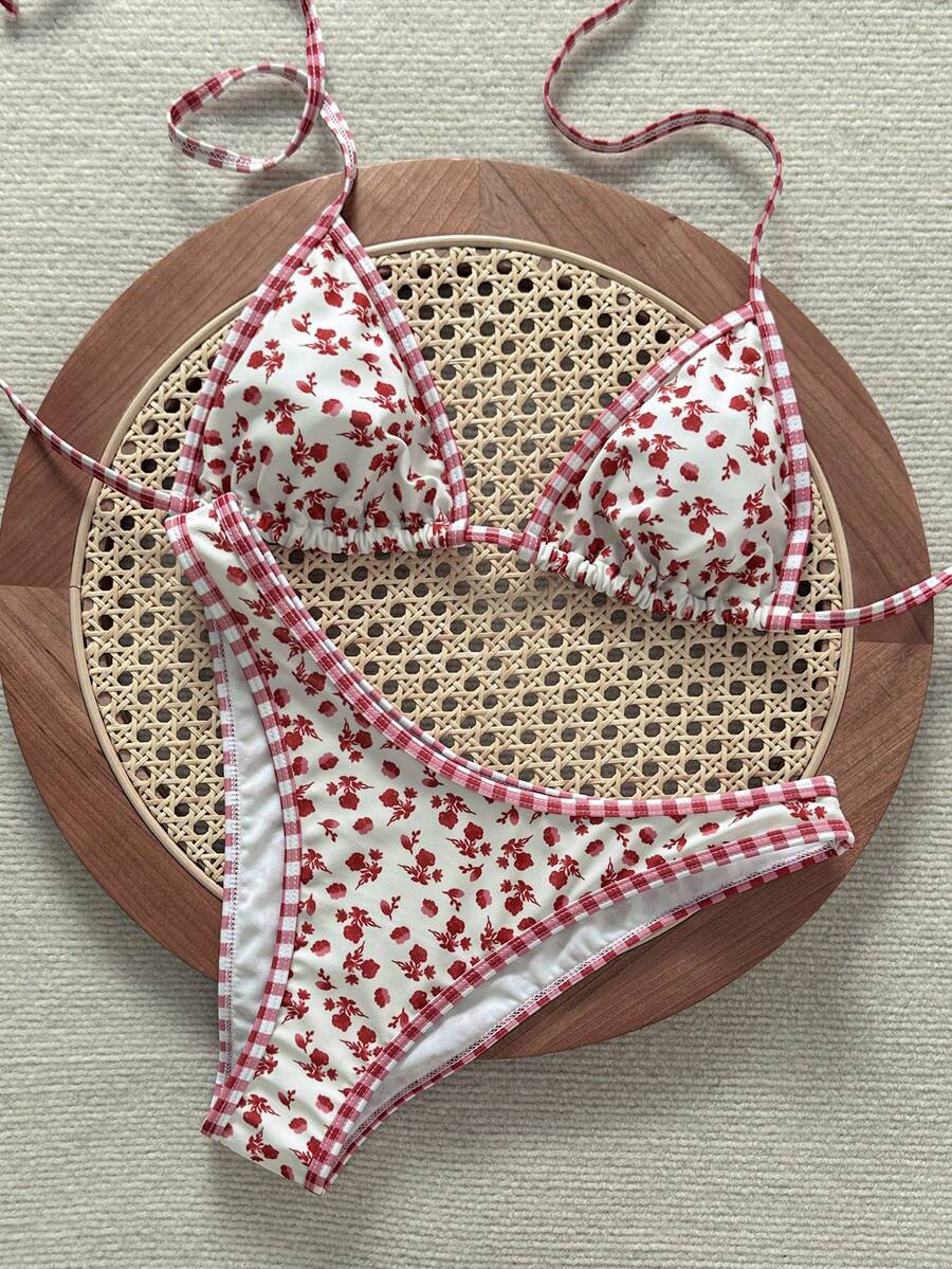 Swim Mod Women's Floral Print Tie-Front Ruched Triangle Bikini Set - Multicolor - View 1