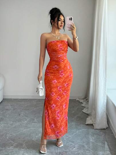 Rafferiza 女士优雅褶皱扎染网纱印花收腰无肩带派对开衩连衣裙