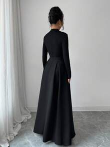 Elenzga Đầm dài tay cổ cao đính ngọc trai thanh lịch, thắt nơ eo cho nữ, thích hợp cho các buổi đi chơi, đi làm, tiệc tùng, ngày lễ, Giáng sinh - màu đen - Xem 2