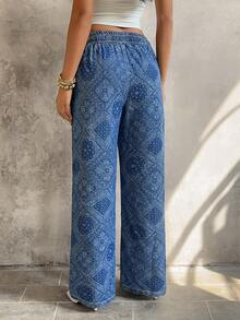 SHEIN Women's Casual Vacation All-Over Print Straight Leg Jeans - Blue - View 2