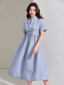 DAZY 女士休闲条纹翻领系带长连衣裙，春夏婚礼宾客礼服/吊带裙 - 藍色 - 查看 1
