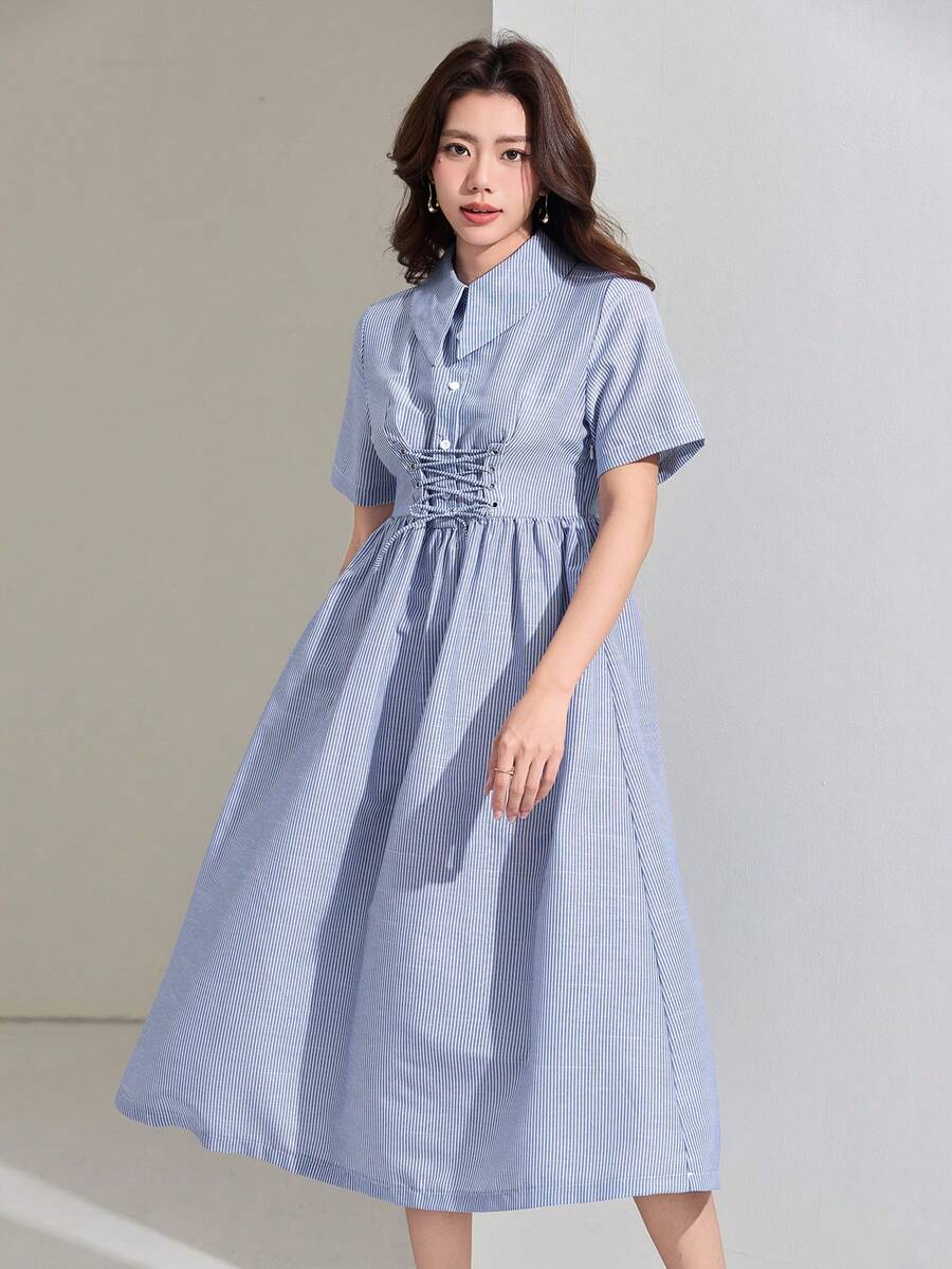 DAZY 女士休闲条纹翻领系带长连衣裙，春夏婚礼宾客礼服/吊带裙 - 藍色 - 查看 1