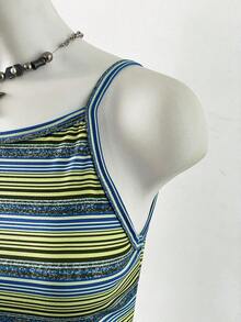 INAWLY 女士夏季休闲度假日常通勤时尚街头撞色条纹印花系带露背修身吊带衫 - 藍色 - 查看 4