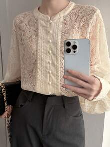 DAZY Women's Elegant Lace Patchwork Round Neck Lantern Sleeve Blouse, Spring/Summer - Apricot - View 6