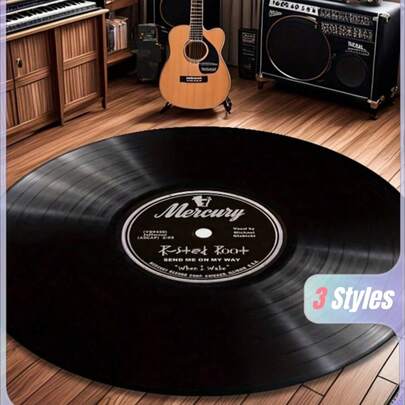 SHEIN 水晶天鹅绒复古黑胶唱片地毯，水晶天鹅绒浮雕波西米亚风，水晶天鹅绒浮雕绿色复古 - 轻盈、防滑，适用于客厅、卧室、浴室和办公室装饰 - 情人节的完美时尚家居装饰，音乐爱好者的理想礼物