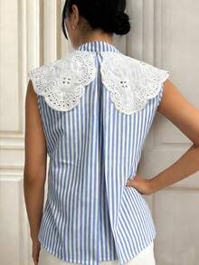 Franclia 法式优雅编织V领无袖花卉装饰条纹女式衬衫 - 彩色 - 查看 6