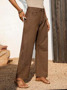 EMERY ROSE Calça jeans feminina casual de corte reto com lavagem vintage - Caqui - Ver 5