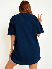 EMERY ROSE 大码女式复古星月印花休闲宽松中长款短袖圆领T恤 女式夏季T恤 女式图案T恤 - 藏蓝色 - 查看 2