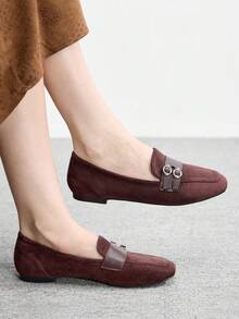 CUCCOO BIZCHIC Sheepskin Leather Vintage Style Comfortable Slip-On Shoes With Buckle Design, Versatile & Flattering For Commuting Spring Shoes - Coffee Brown - View 5
