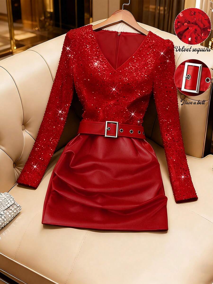 GlowEve Women's Elegant Sequin & Faux Leather Patchwork Ruched Bodycon V-Neck Dress, Slimming Fit, Autumn/Winter - Red - View 1