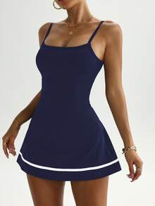 Easithlete Adjustable Strap Contrast Stripe Hem Tankini Set With Shorts, Sporty & Casual Dress For Spring/Summer - Navy Blue - View 8