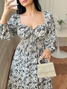 Vibekara Casual Elegant Retro Princess Palace Medieval Lace-Up Bustier Print A-Line Dress For Plus Size Women - Black and White - View 1