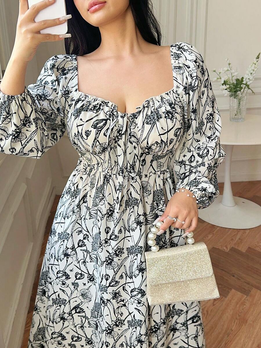 Vibekara Casual Elegant Retro Princess Palace Medieval Lace-Up Bustier Print A-Line Dress For Plus Size Women - Black and White - View 1