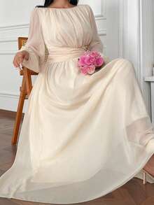 Vibekara Đầm dài đến mắt cá chân dáng chữ A, cạp cao, xếp ly, chất liệu chiffon Pháp thanh lịch, màu mơ, cỡ lớn. - Màu be - Xem 3