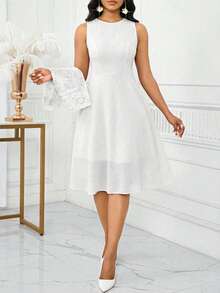 SHEIN Lady Bộ 2 món áo và váy ren không tay màu trơn thanh lịch dành cho nữ, thích hợp cho mùa hè, sinh nhật & sự kiện / công sở / nhà thờ / đám cưới / lễ hội. - trắng - Xem 4