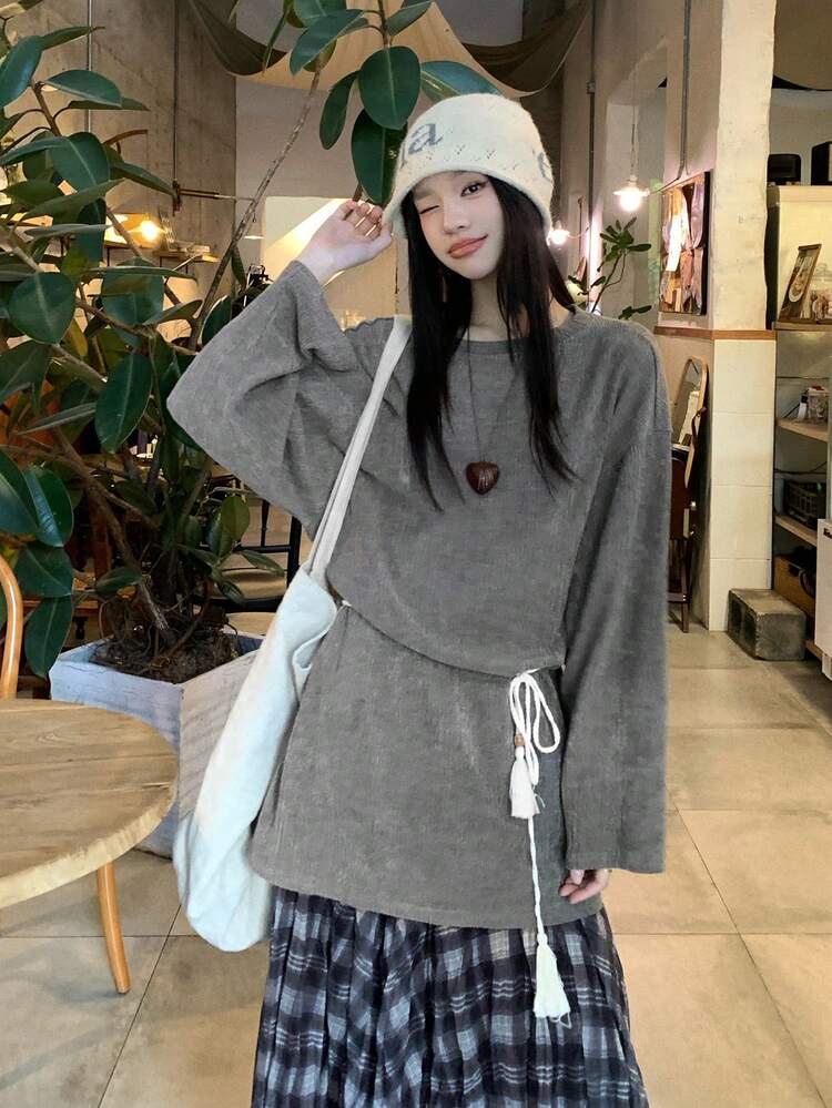Women's Solid Color Round Neck Drop Shoulder Long Sleeve Casual Loose T-Shirt