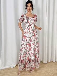 Modelyn Digital Print Square Neck Long Dress For Women - Multicolor - View 5