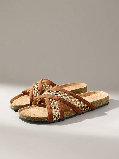 Solecia Women's Woven Slip-On Sandals, Open Toe Design, Criss-Cross Strap Decor, Comfortable Minimalist Style, Suitable For Vacation And Commute, Brown Color, Casual And Versatile